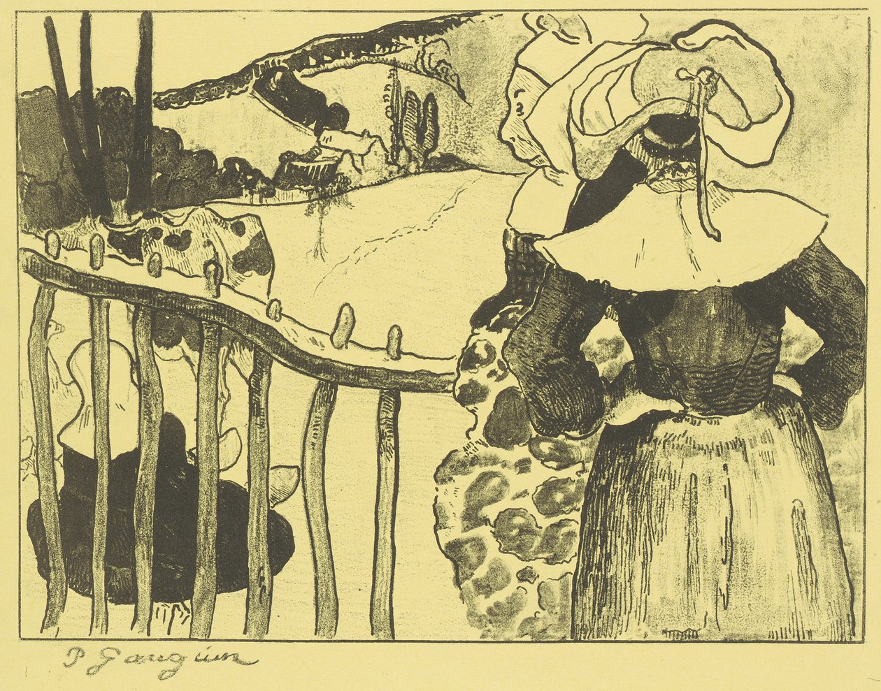 Bretonische Frauen neben einem Zaun af Paul Gauguin