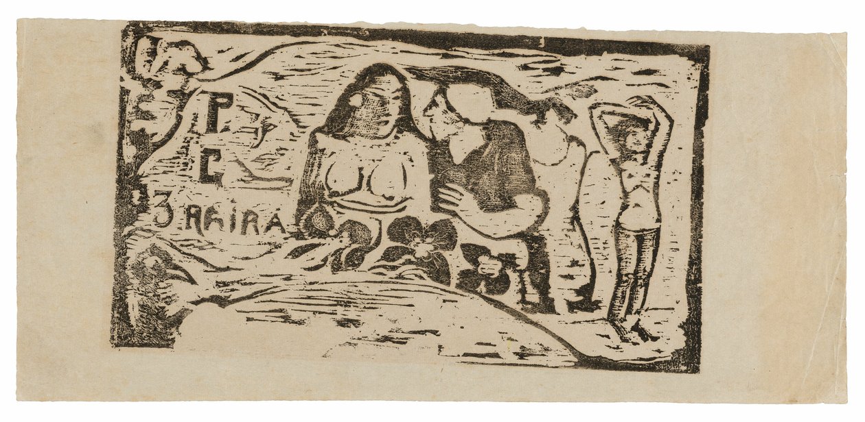 Buste af en nøgen kvinde og trekvart figur af en mand med en hvid kasket i profil, tredje lille figur yderst til højre, hovedstykke til Le sourire af Paul Gauguin