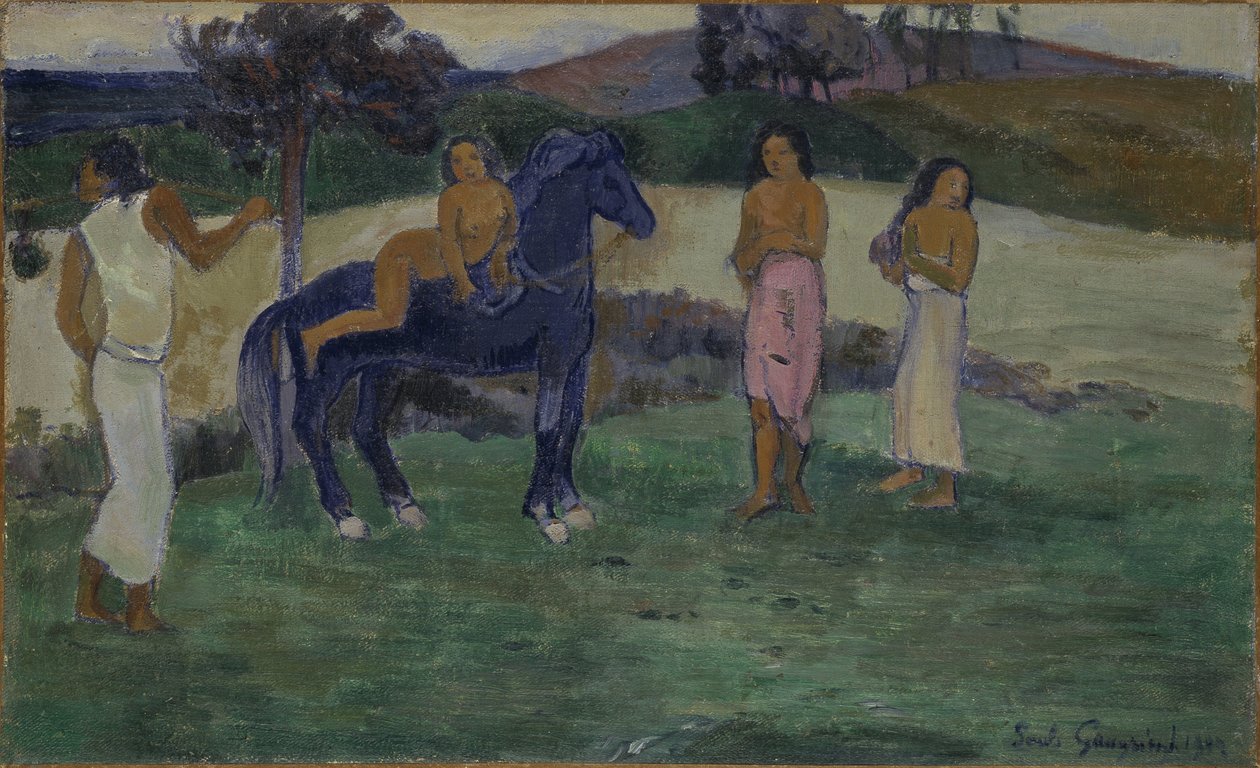 Composition avec figures et un cheval - Composition with Figures and a Horse, af Gauguin, Paul Eugene Henri (1848-1903). Olie på lærred af Paul Gauguin