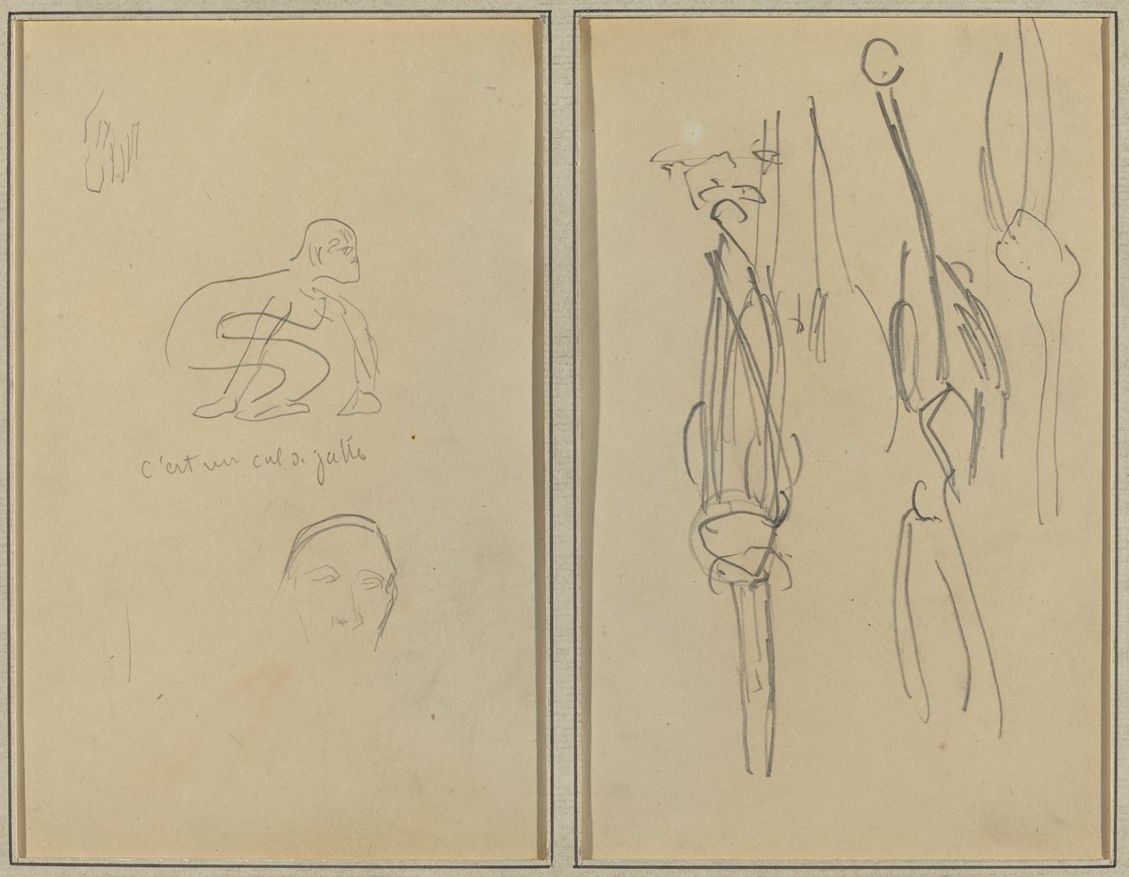 Krøjende abe og mands hoved; Knogler og muskler [verso] af Paul Gauguin