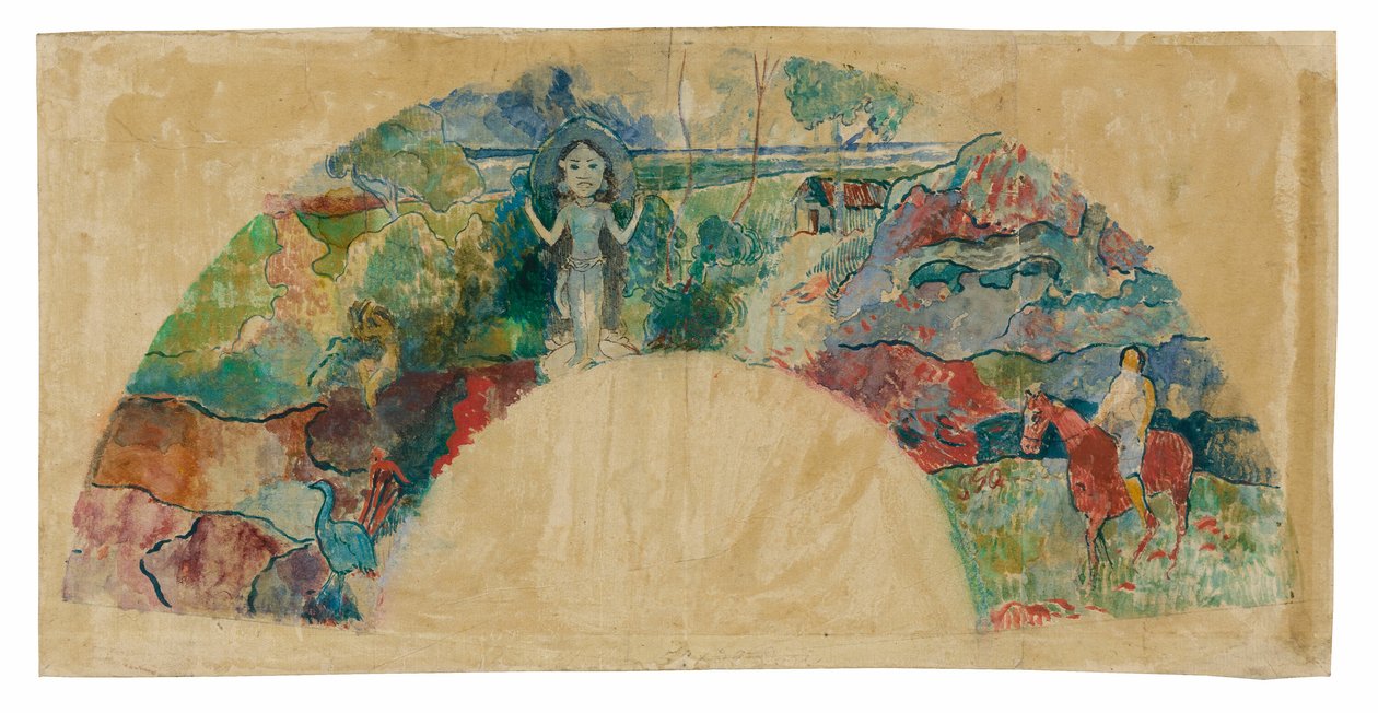Design til en fan med et landskab og en statue af gudinden Hina af Paul Gauguin