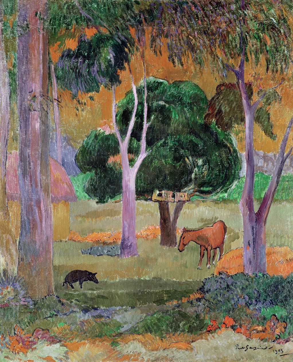 Dominikansk landskab eller, landskab med en gris og hest, 1903 af Paul Gauguin