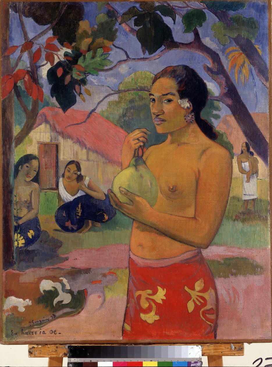 ""Eu haere ia oe"" Hvor skal du hen? (Woman Holding a Fruit. Where Are You Going?) (Tahitiansk kvinde holder en frugt) Maleri af Paul Gauguin (1848-1903). Olie på lærred. Post-impressionisme. 1893. Dim. 92 x 73 cm Eremitagemuseet, Sankt Petersborg (Saint-P af Paul Gauguin