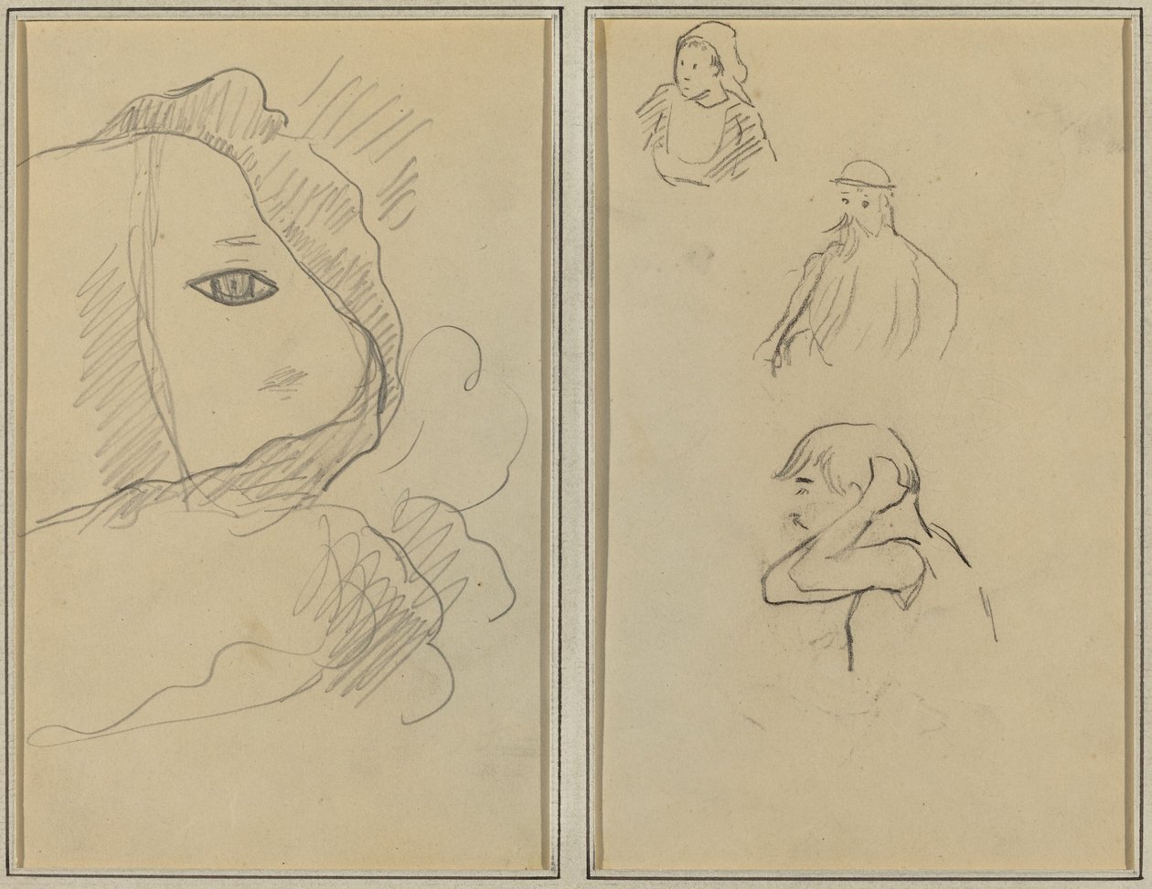 Øje og en del af ansigtet; En bretonsk kvinde og to mænd [recto] af Paul Gauguin
