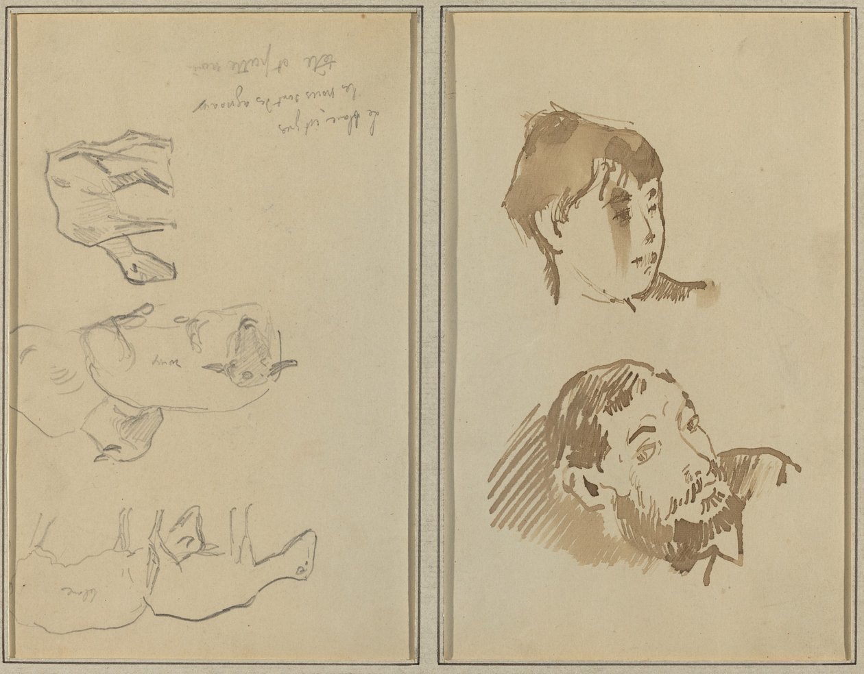 Fem Får; Hovedet af en kvinde og hovedet af en skægget mand [recto] af Paul Gauguin