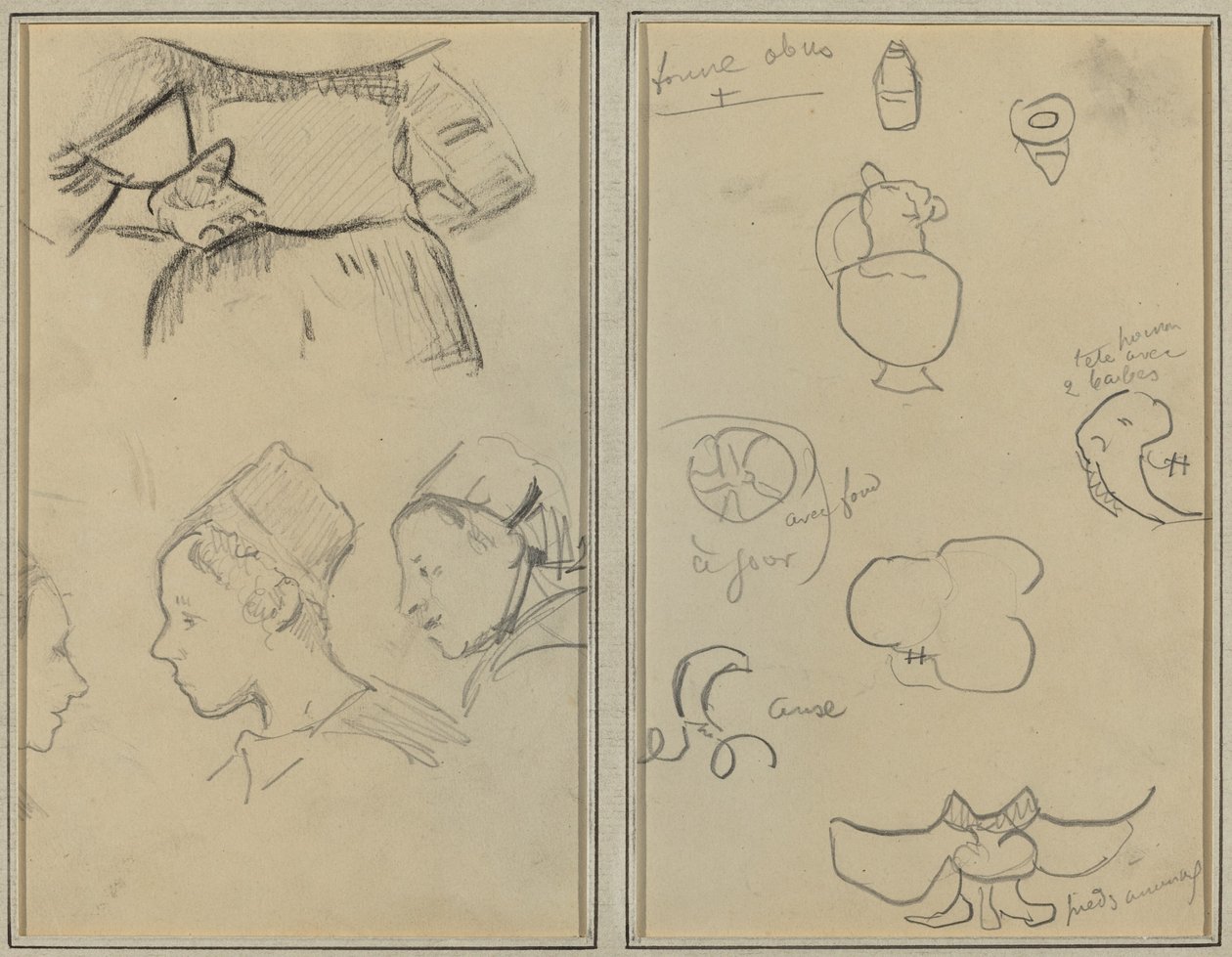 Fire undersøgelser af bretonske kvinder; Former og vaser [verso] af Paul Gauguin