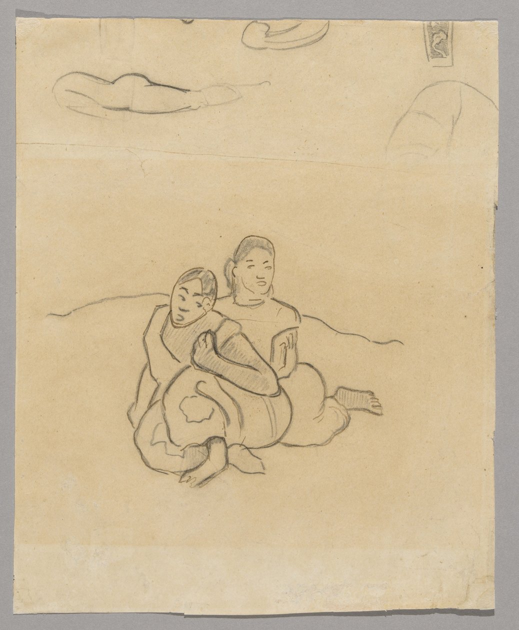 Fragmenter af kroppe, et dekorativt design og to sammenkrøbende tahitiske kvinder i et landskab relateret til Nafea Faaipoipo af Paul Gauguin