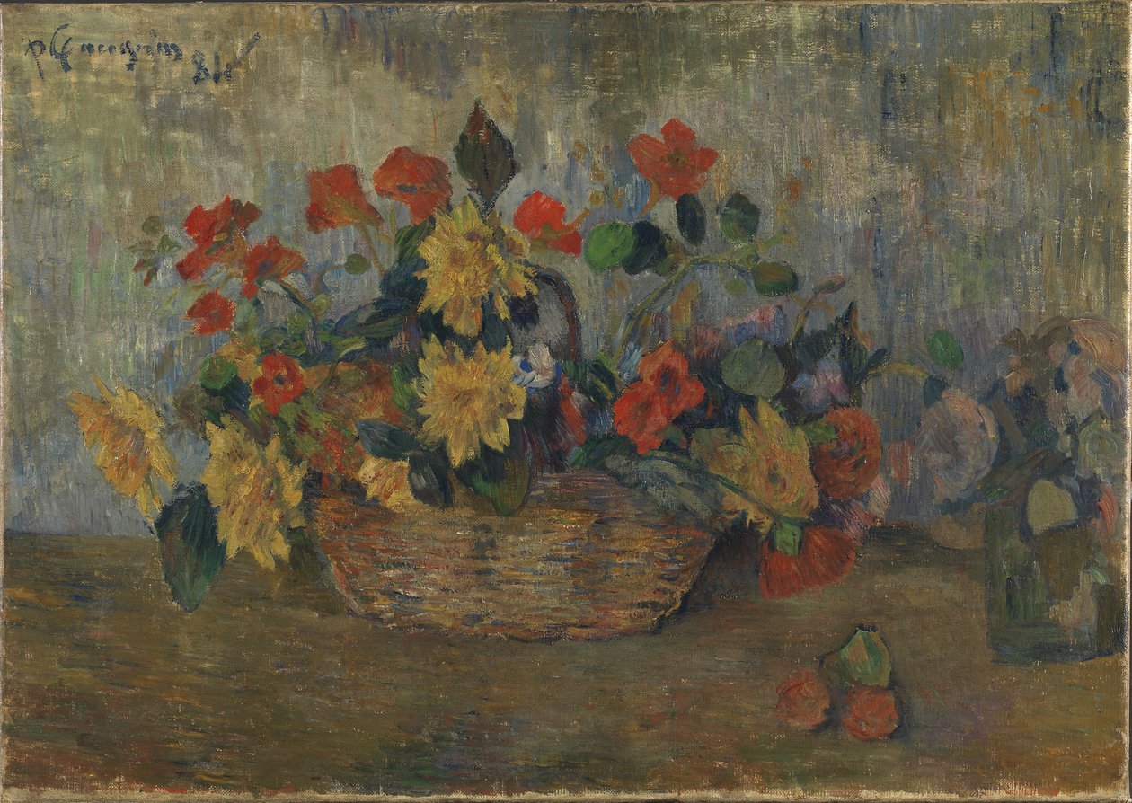 Fransk: Capucines et dahlias dans une corbeille, ou Corbeille de fleurs Nasturtiums og dahlias i en kurv af Paul Gauguin