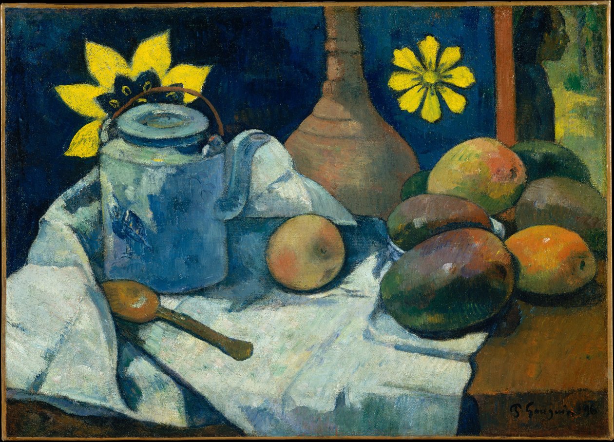Fransk:  La Théière et les fruits Stilleben med tekande og frugt af Paul Gauguin