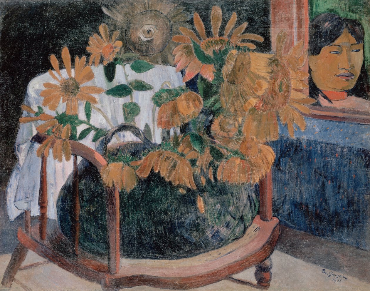 Fransk: Nature morte avec des tournesols sur un fauteuil (II) Solsikker af Paul Gauguin
