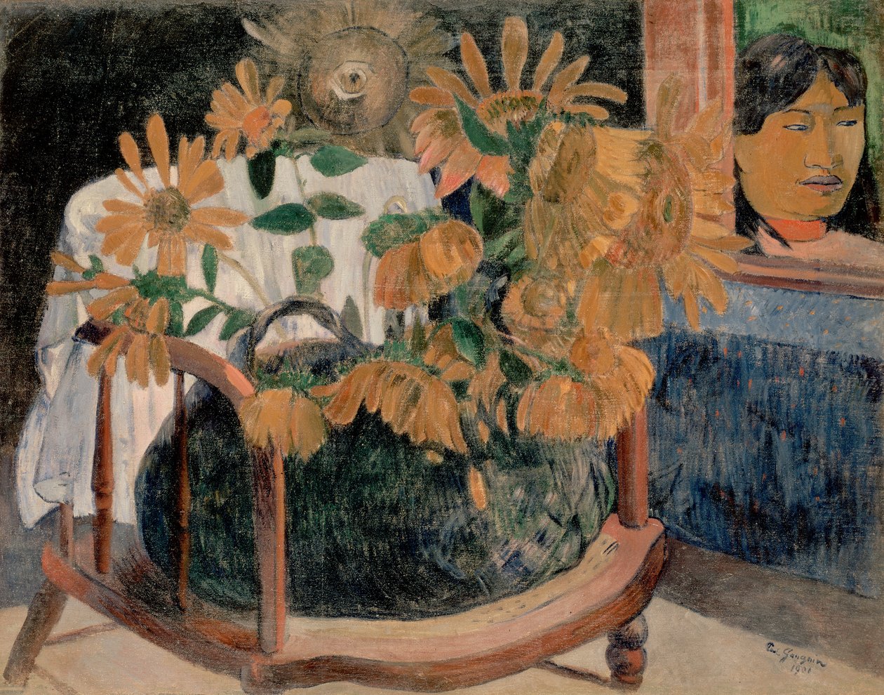 Fransk: Nature morte avec des tournesols sur un fauteuil (II) Solsikker af Paul Gauguin
