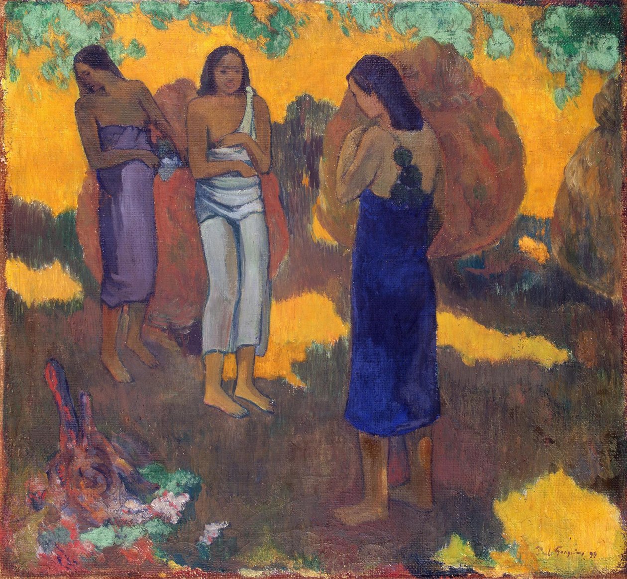 Fransk:  Trois Tahitiennes sur fond jaune Tre tahitiske kvinder på gul baggrund af Paul Gauguin