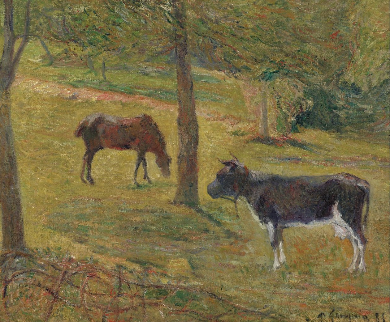 Fransk: Vache et cheval dans un pré Ko og hest på en eng af Paul Gauguin