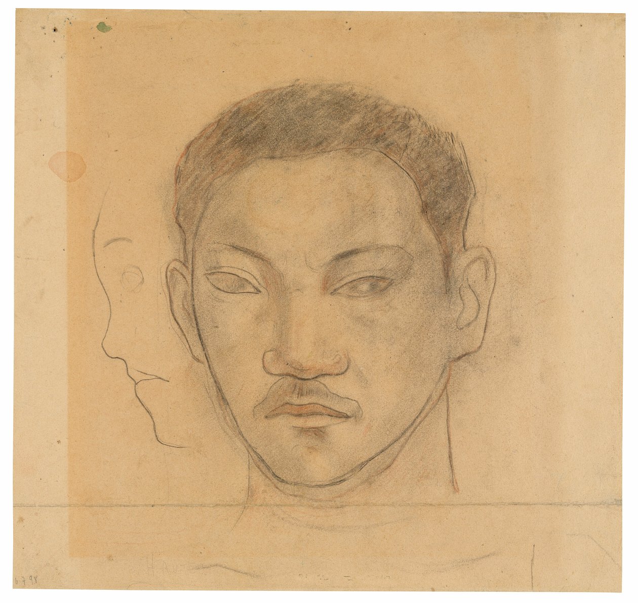 Hoved af en tahitianer med profil af andet hoved til højre for ham af Paul Gauguin