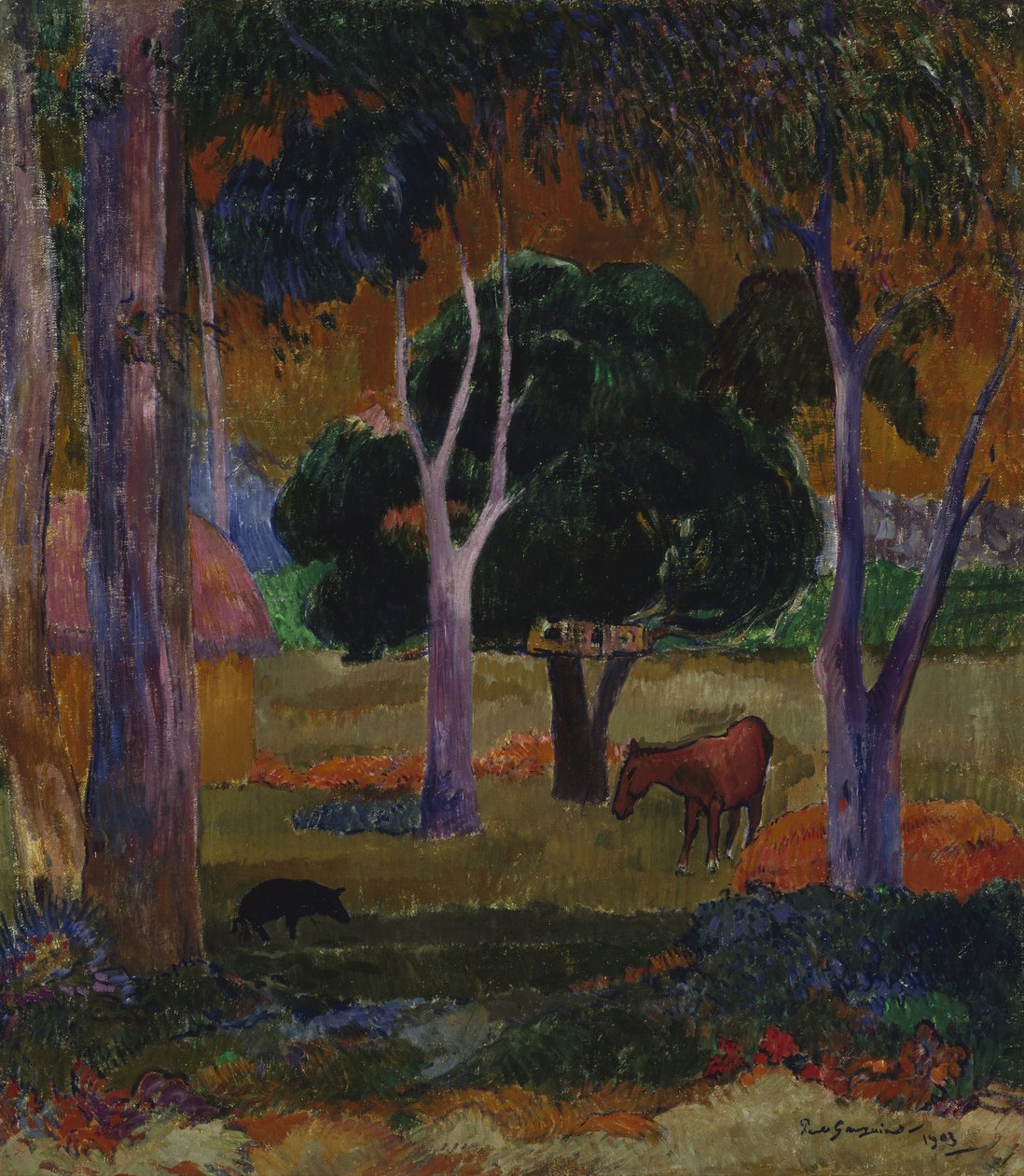Hiva Oa Landskab med en gris og en hest af Paul Gauguin
