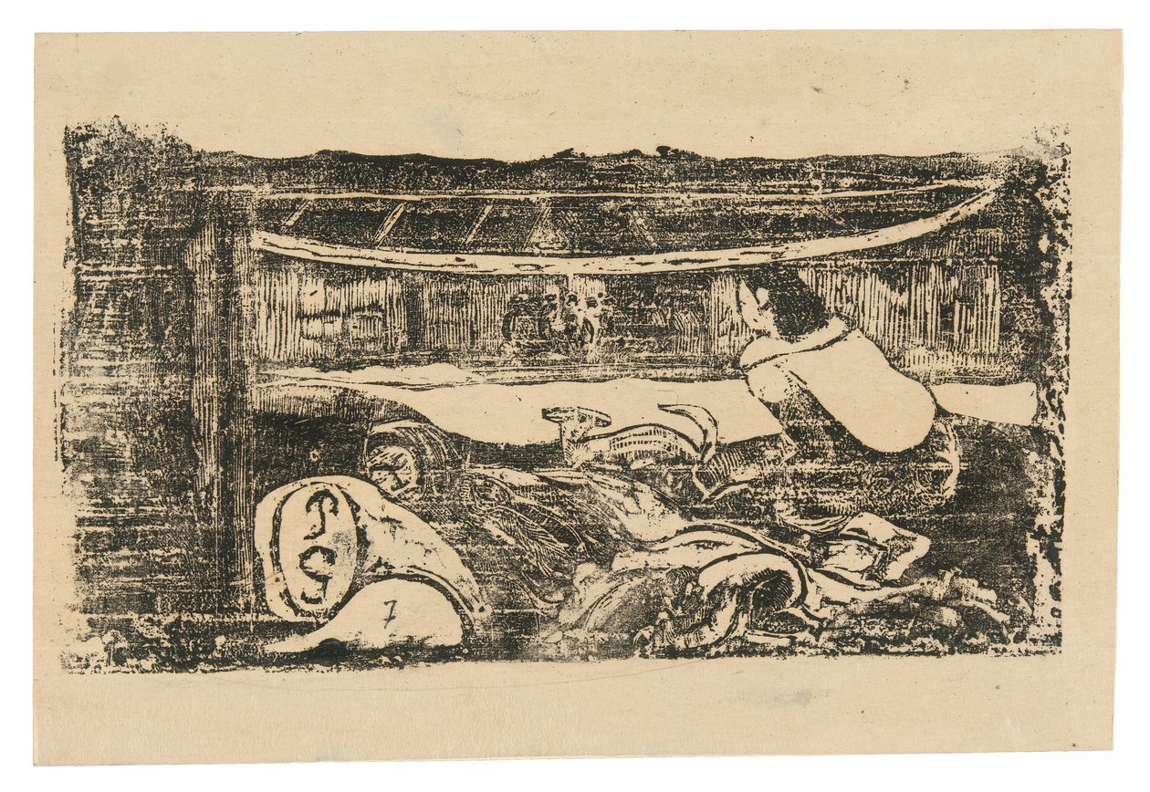 Interiør af en Tahitisk hytte, fra Suite of Late Wood-Block Prints af Paul Gauguin