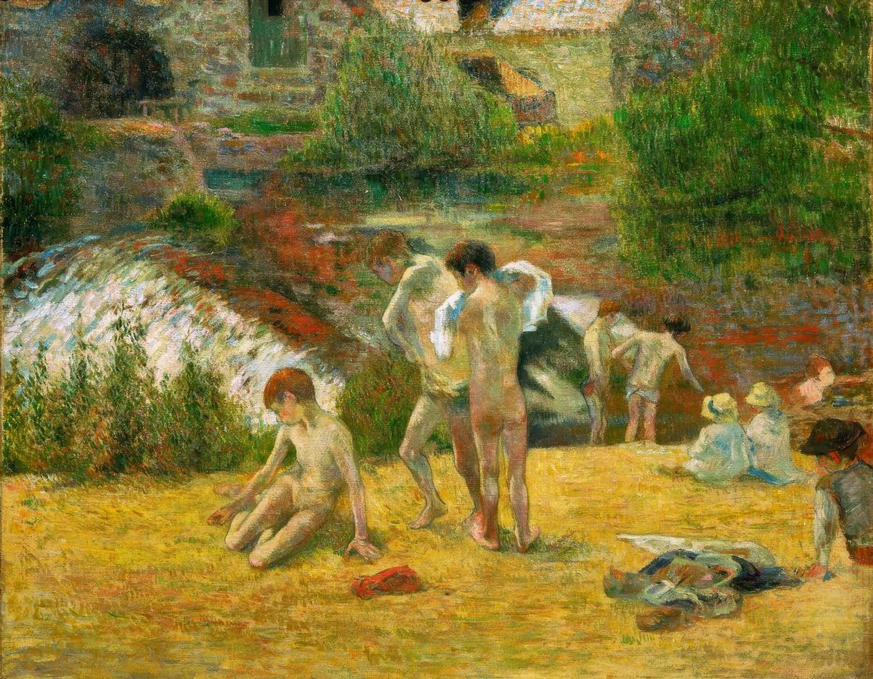 Unge bretonere bader eller svømmer ved Bois d møllen af Paul Gauguin