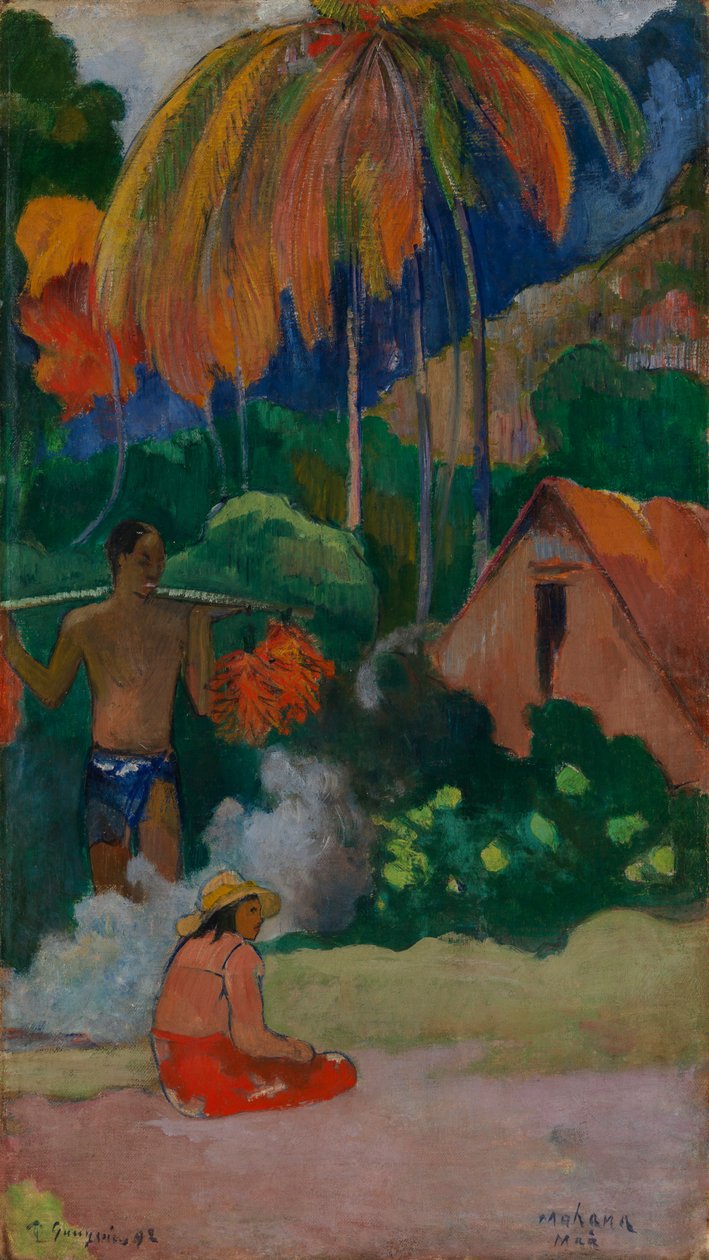 Landskab på Tahiti (Mahana Maà) af Paul Gauguin