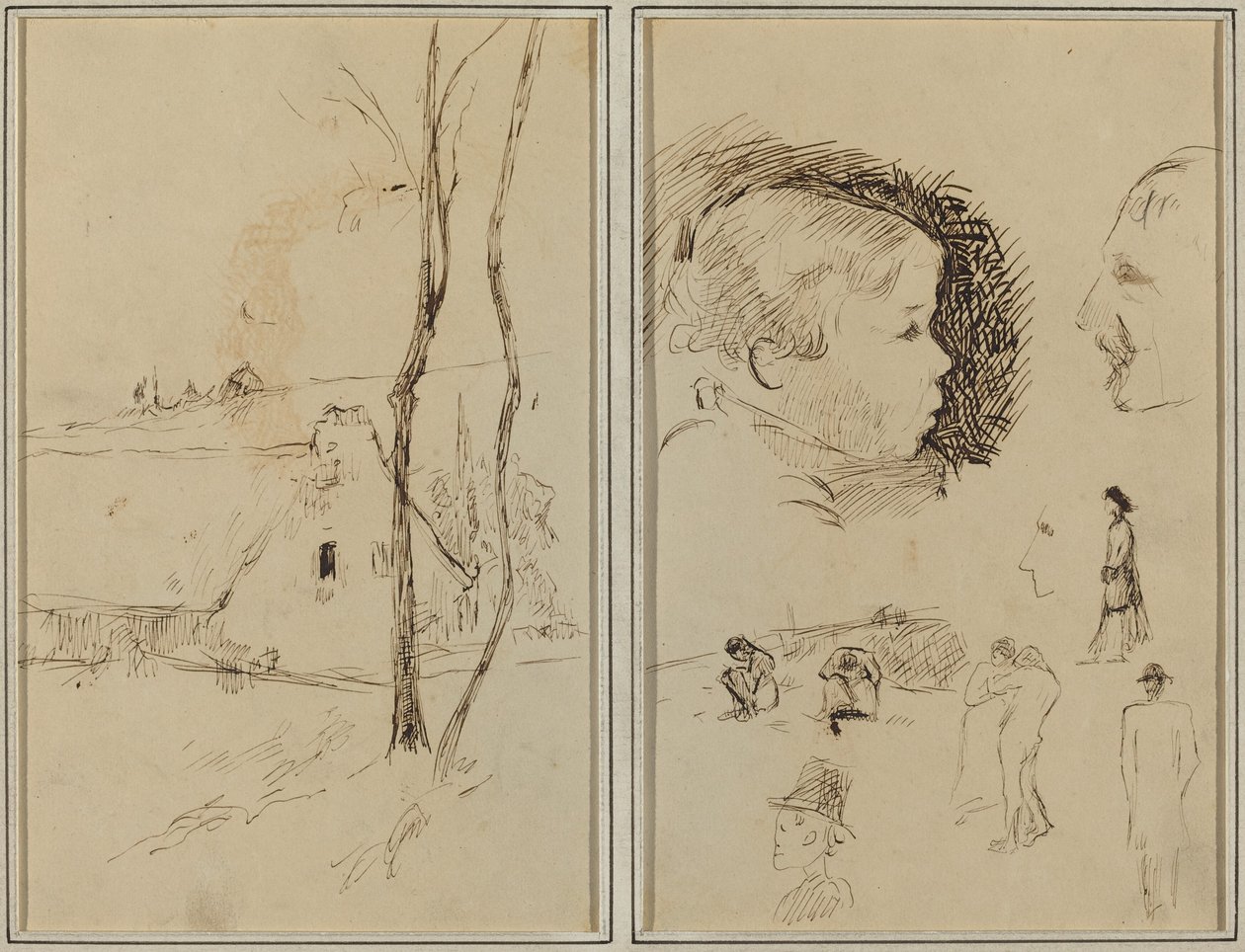 Landskab med et sommerhus; Profil af dreng, profil af mand, to kvinder i et landskab og fem andre undersøgelser [verso] af Paul Gauguin