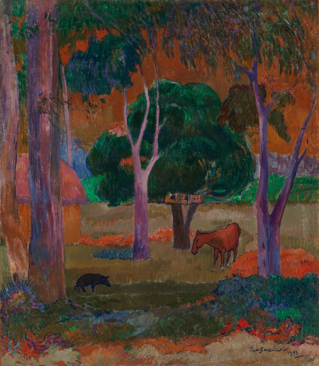 Landskab med en gris og en hest (Hiva Oa) af Paul Gauguin