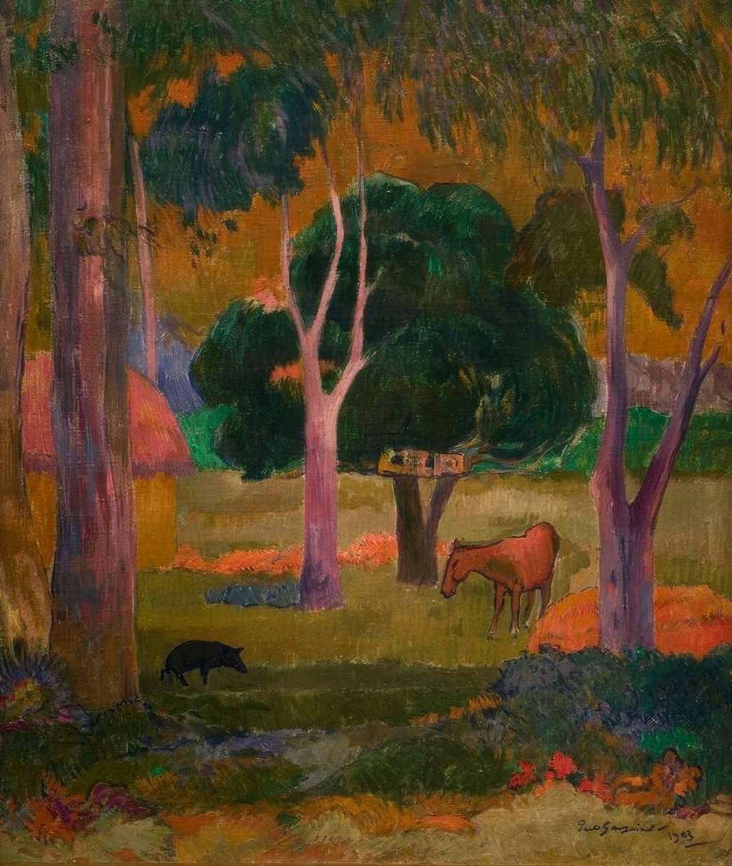 Landskab med gris og hest af Paul Gauguin