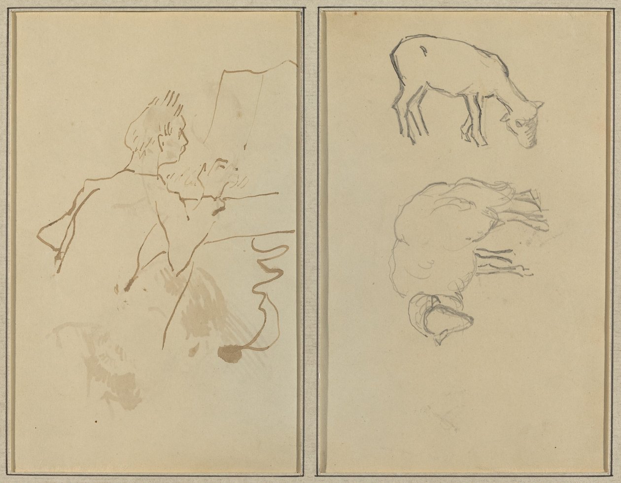 Mand, der spiller klaver; To får [verso] af Paul Gauguin