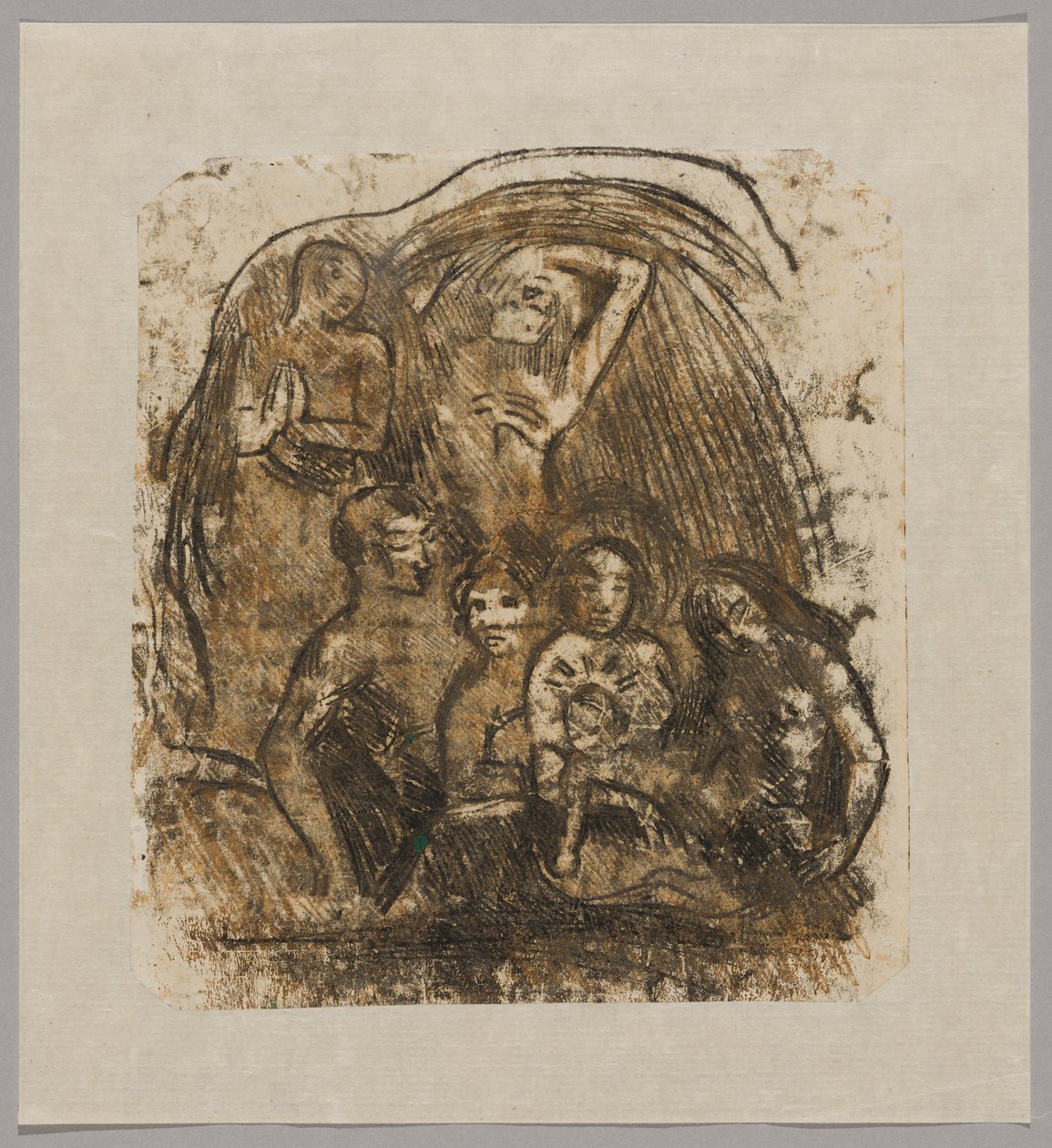 Fødselskirken (mor og barn omgivet af fem figurer) af Paul Gauguin