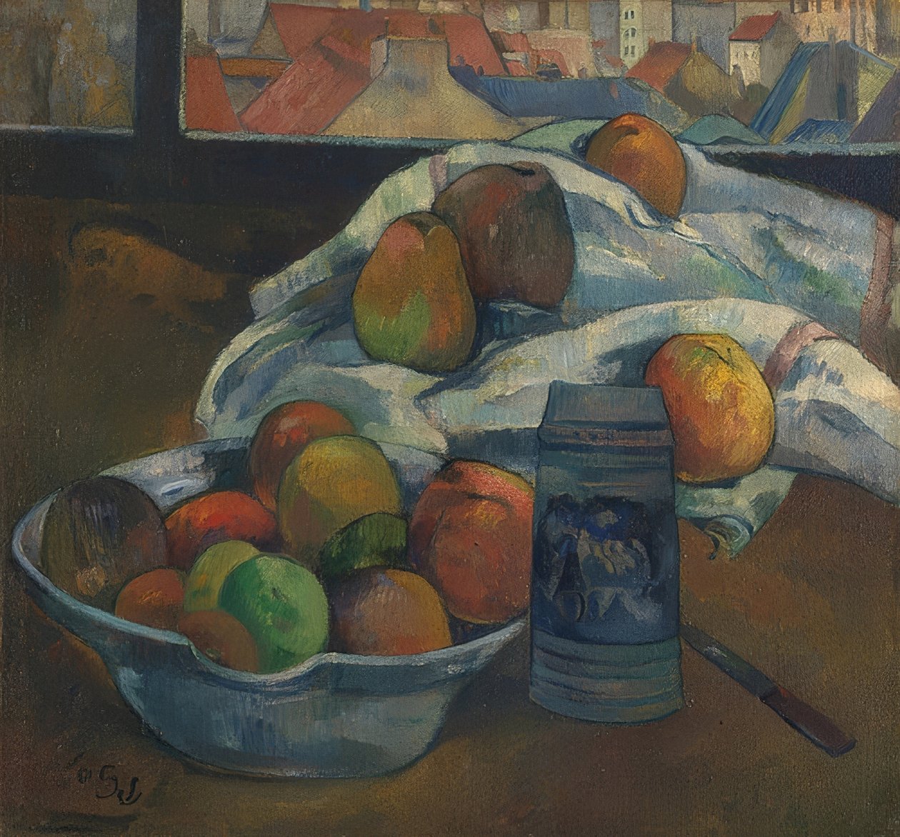 Frugtskål og kande foran et vindue. Sandsynligvis 1890 af Paul Gauguin