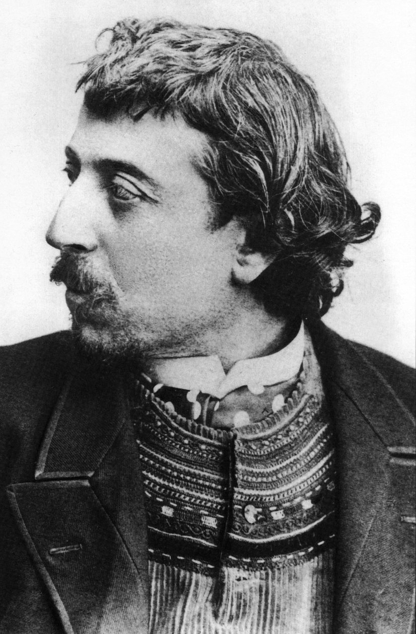 Paul Gauguin (1848-1903) fransk maler her i København i marts 1891 med en breton cardigan, selvportræt dedikeret til Carriere af Paul Gauguin