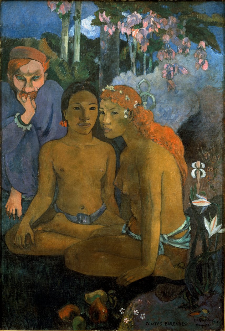 Primitive fortællinger. Unge tahitianere og den franske digter af hollandsk oprindelse Jacob Meyer de Haan (Meijer de Hann) (1852-1895). Maleri af Paul Gauguin (1848-1903) af Paul Gauguin