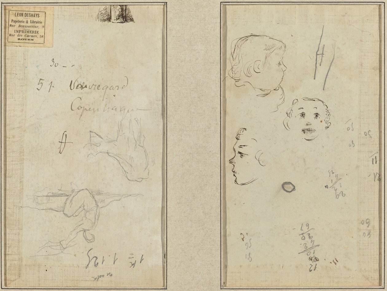 Siddende Figur og en Ko; Tre undersøgelser af et barns hoved af Paul Gauguin