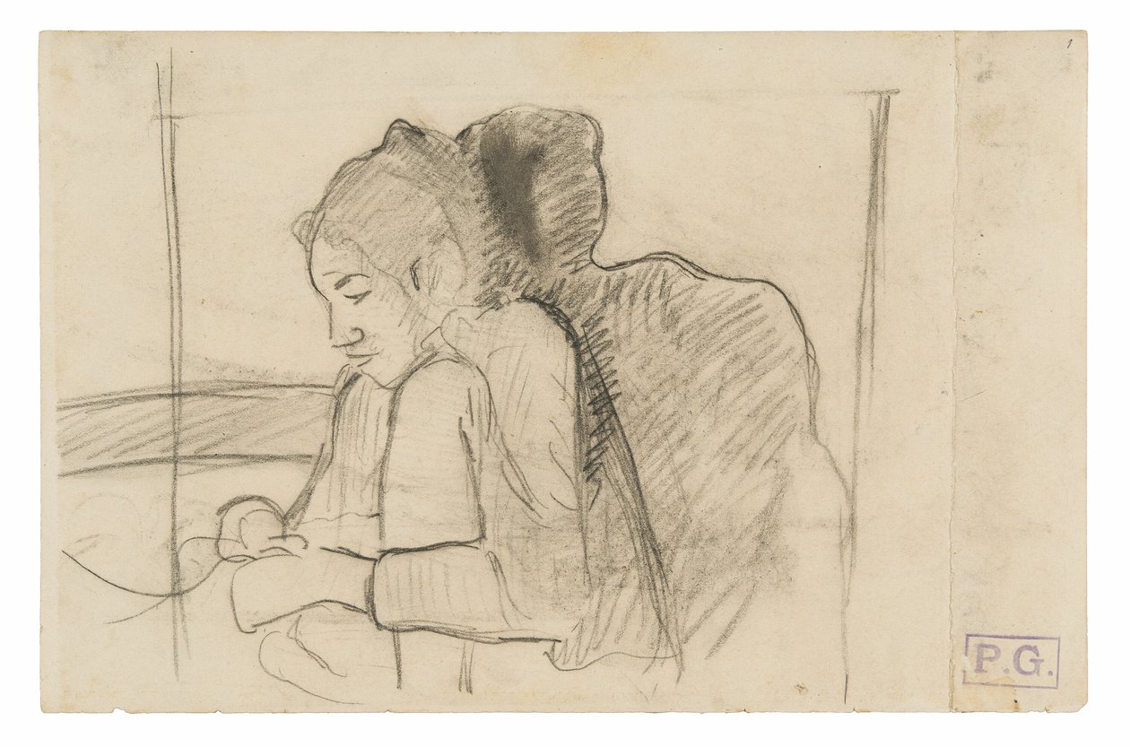 Siddende tahitiansk kvinde (recto), skitser af haner og høns (verso) af Paul Gauguin