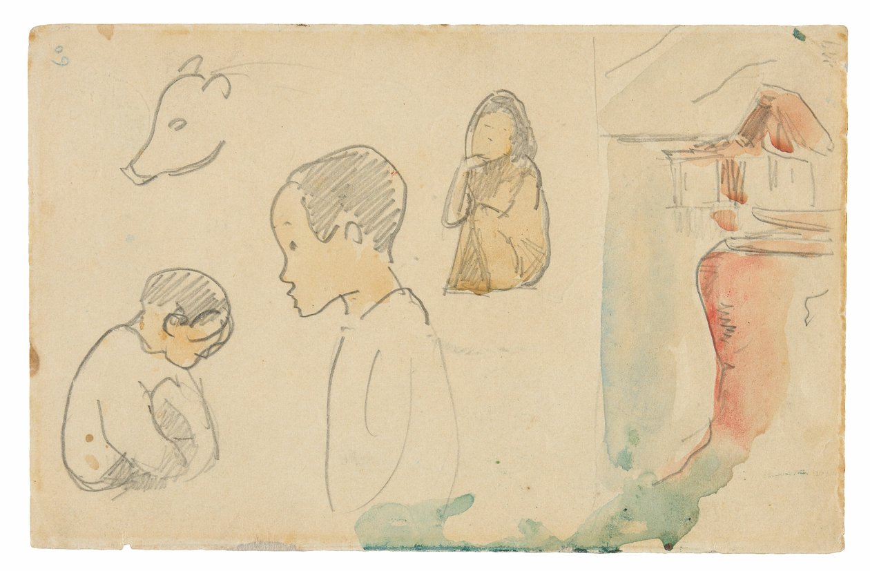 Skitser af krumbøjede og stående figurer, en gris og en hytte ved vandkanten af Paul Gauguin