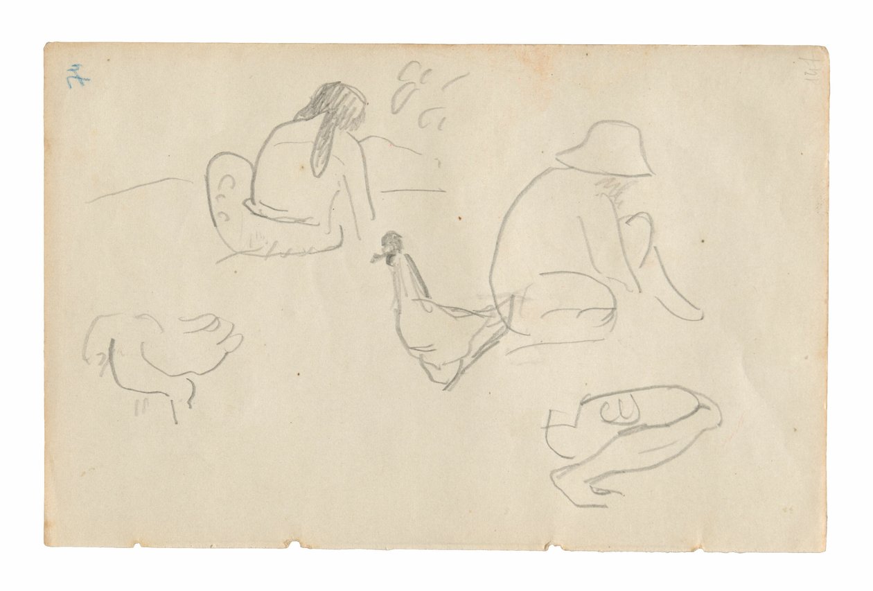 Skitser af siddende figurer og kyllinger (recto), nøgen kvindekrop (relateret til maleriet Te a no areois [Areoiens frø]) (verso), fra Carnet de Tahiti (tahitiansk skitsebog) af Paul Gauguin