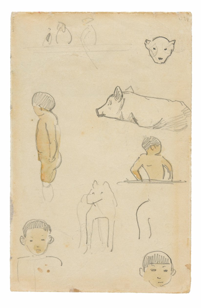 Skitser af stående figurer og dyr af Paul Gauguin