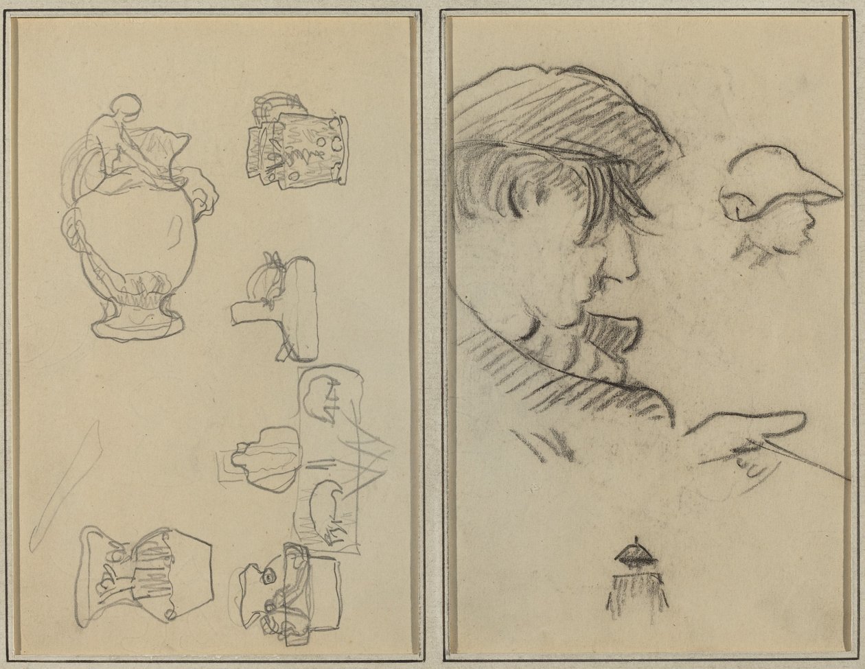 Studier af Kander og Vaser; En mand med overskæg og en dreng med en hat [recto] af Paul Gauguin