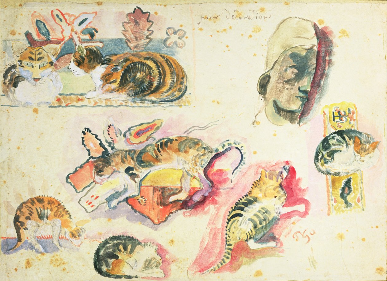Studie af katte og et hoved af Paul Gauguin