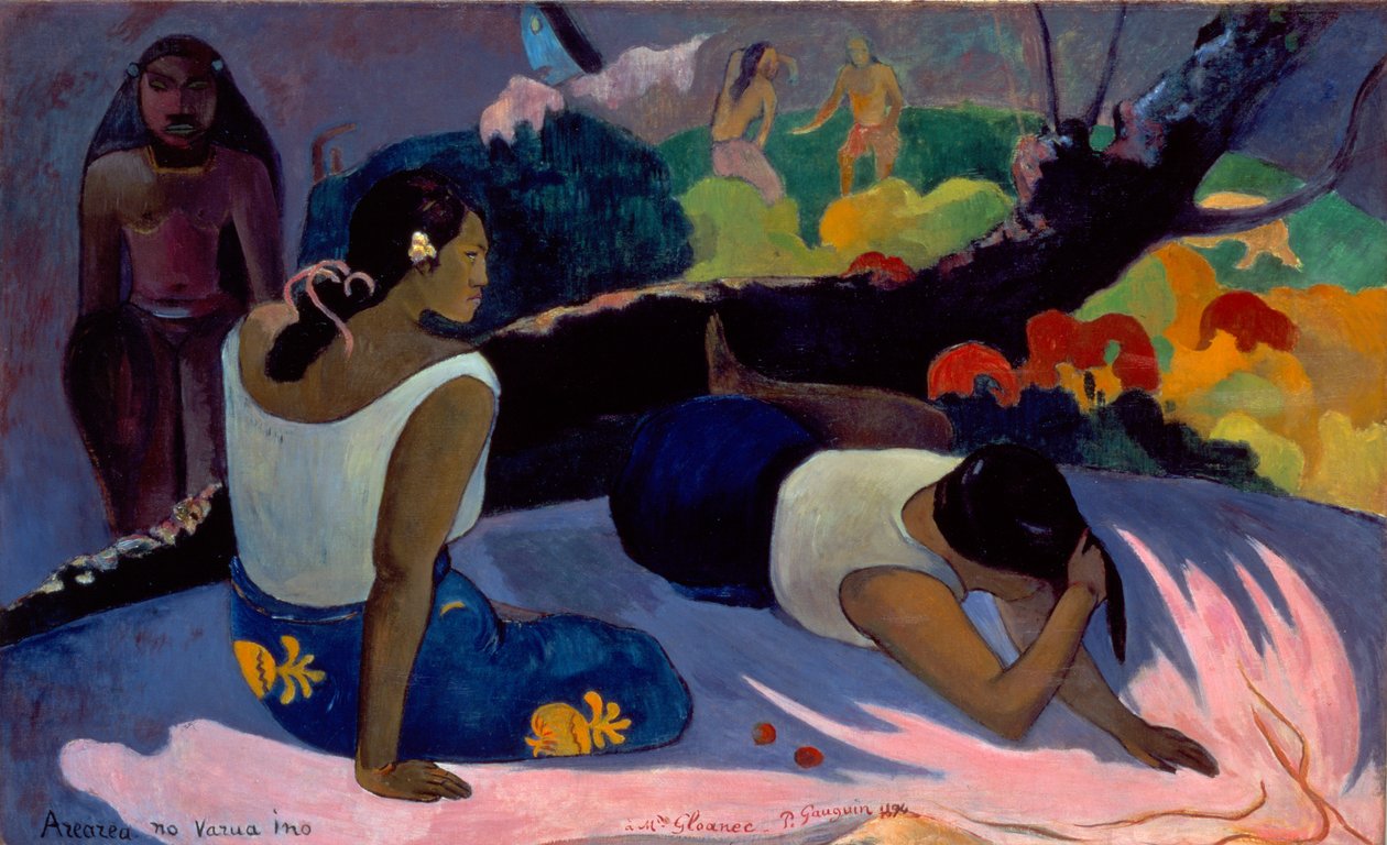 Tahitiansk:  Arearea no varua ino Liggende tahitiske kvinder eller Den onde ånds forlystelse af Paul Gauguin
