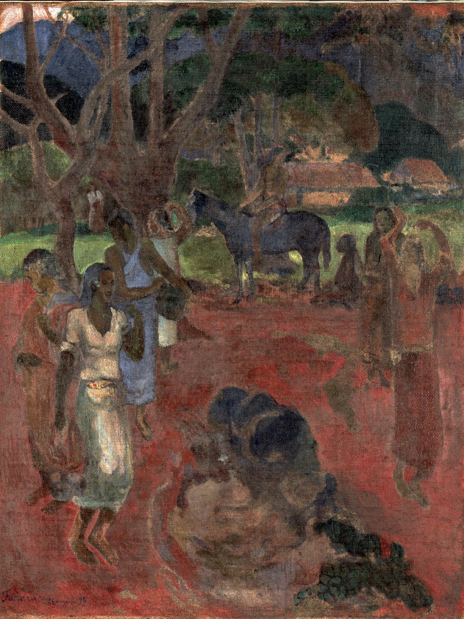 Tahitisk landskab med ni figurer. af Paul Gauguin