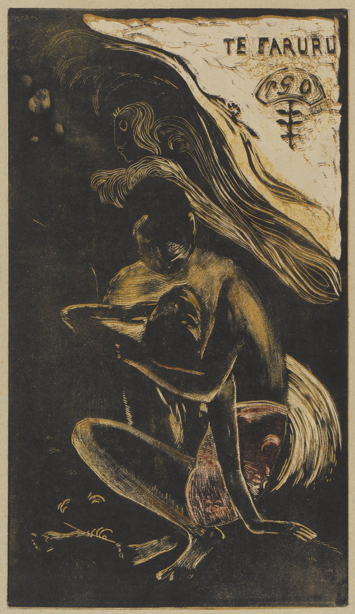 Te Faruru (Here We Make Love), vinter 1893-94 (træsnit trykt i sort, lysebrunt, gult og rødt på cremefarvet vævet papir monteret på beige karton) af Paul Gauguin