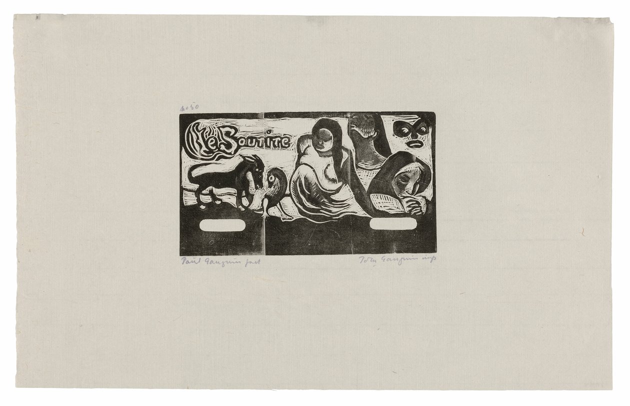 Tre mennesker, en maske, en ræv og en fugl, hovedbeklædning til Le sourire af Paul Gauguin
