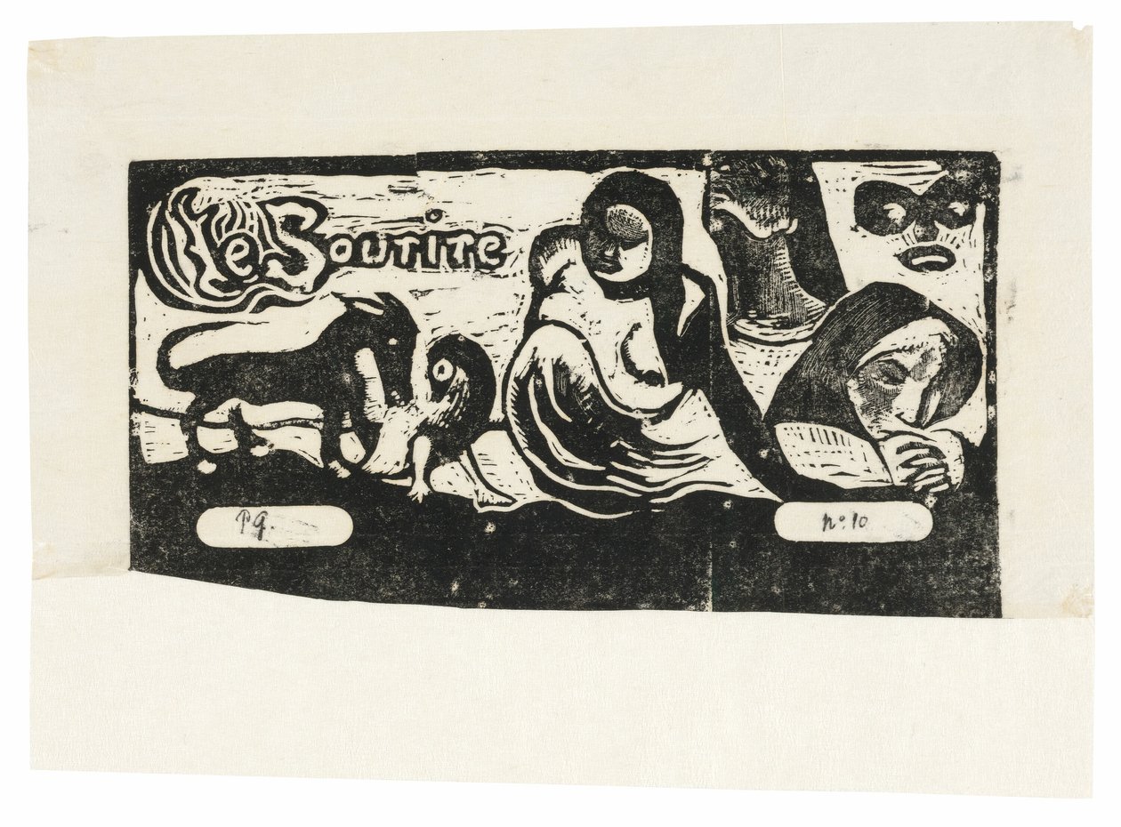 Tre mennesker, en maske, en ræv og en fugl, hovedbeklædning til Le sourire af Paul Gauguin