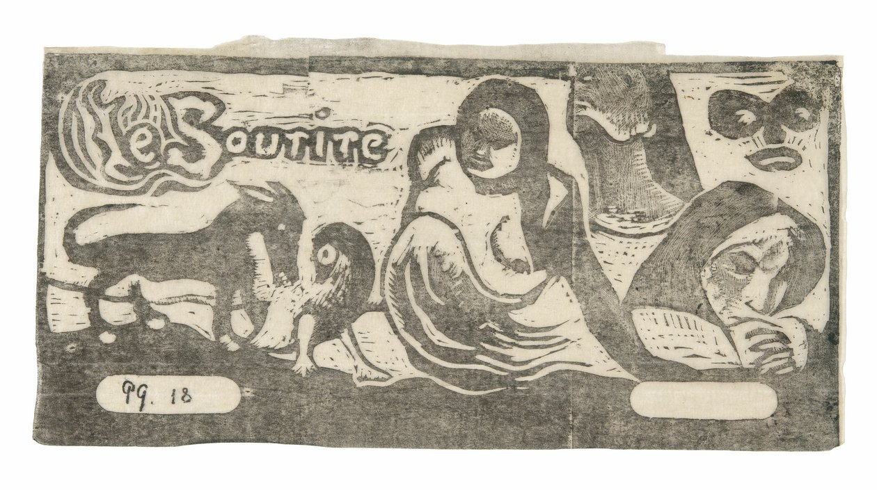 Tre mennesker, en maske, en ræv og en fugl, hovedbeklædning til Le sourire af Paul Gauguin