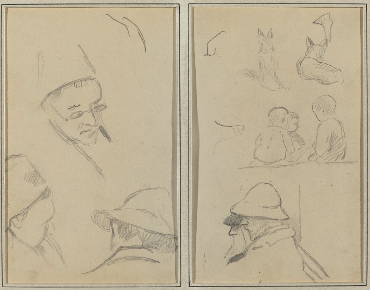 Tre undersøgelser af mænds hoveder, en med briller; Hunde, børn og to skæggede mænd i profil [verso] af Paul Gauguin