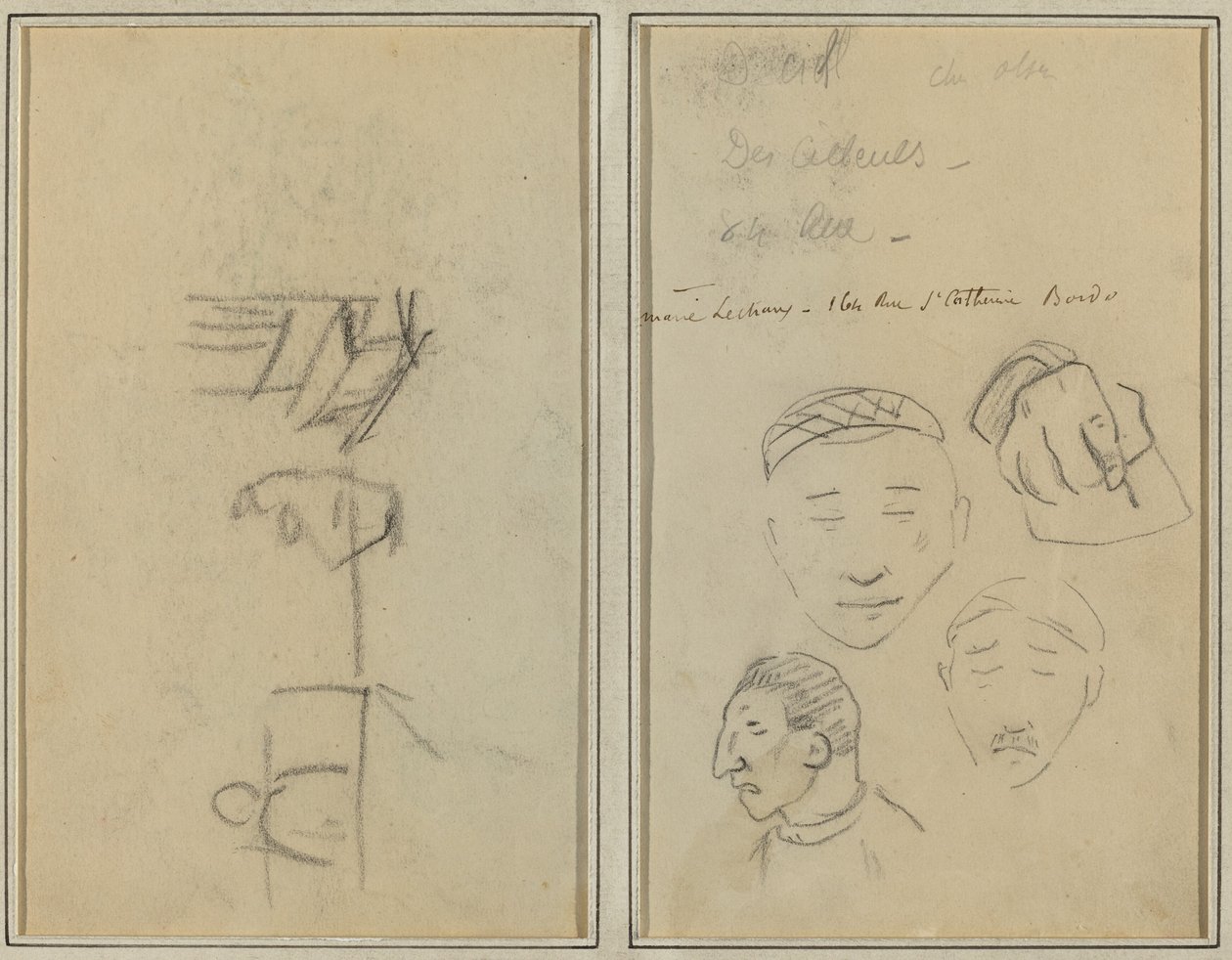 To Figurer og en Bænk; Tre undersøgelser af mænds hoveder og en af en hånd [recto] af Paul Gauguin
