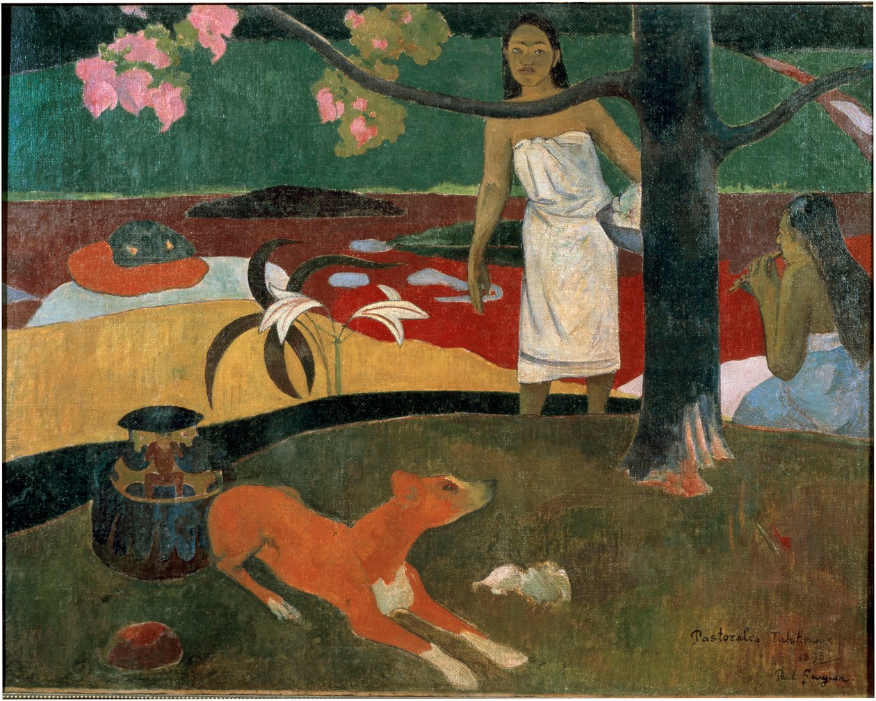 To tahitianske kvinder og en hund. (Tahitiansk pastoral). Maleri af Paul Gauguin (1848-1903) af Paul Gauguin