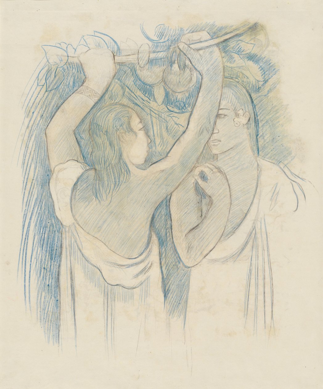 To Tahitianere samler frugt [verso] af Paul Gauguin