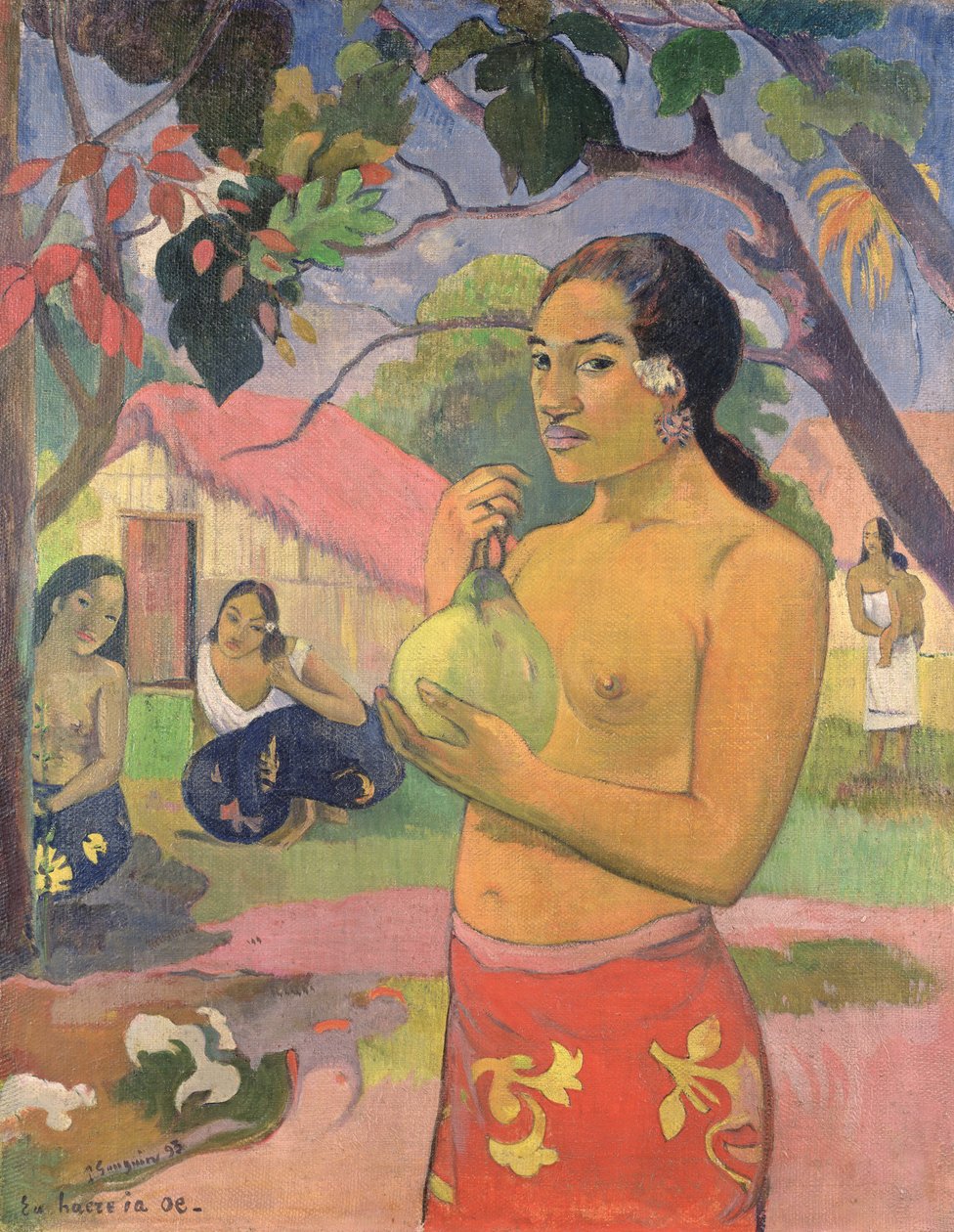 kvinde holder en frugt; Hvor skal du hen (Eu haere ia oe),1893 (olie på lærred) af Paul Gauguin