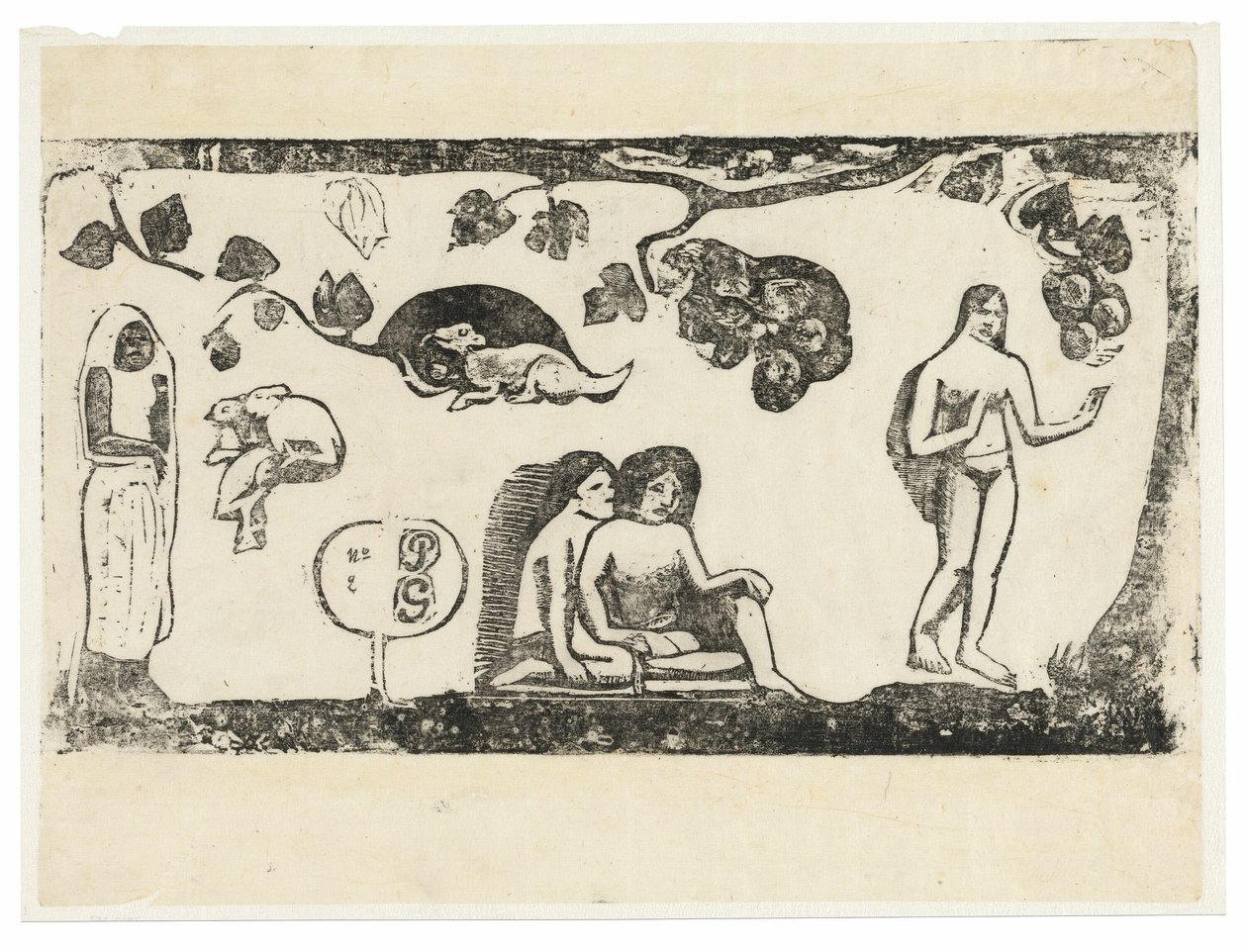Kvinder, dyr og løv, fra Suite of Late Wood-Block Prints af Paul Gauguin