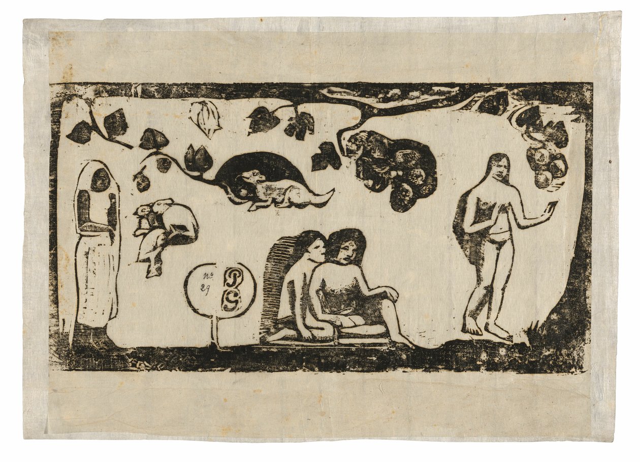 Kvinder, dyr og blade fra serien af sene træsnitstryk af Paul Gauguin